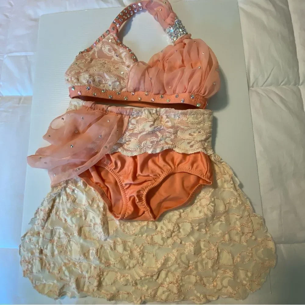 Custom made dance costume blush peach lace rhinestone 2 piece child IC/MC medium